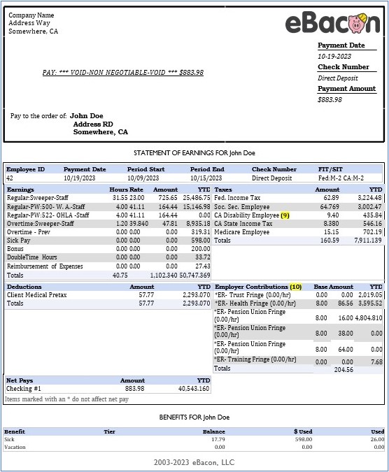 Union Pay Stub | eBacon Construction Union Pay Stub